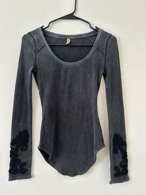Free People Charcoal Scoop-Neck Thermal Bodysuit with Embroidered Cuffs